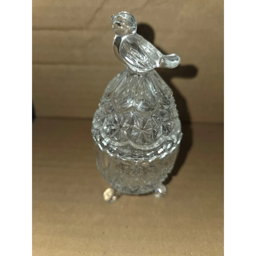 Vintage Crystal Glass Bird Trinket Dish Footed Egg Shaped Jewelry Box 5 Inch